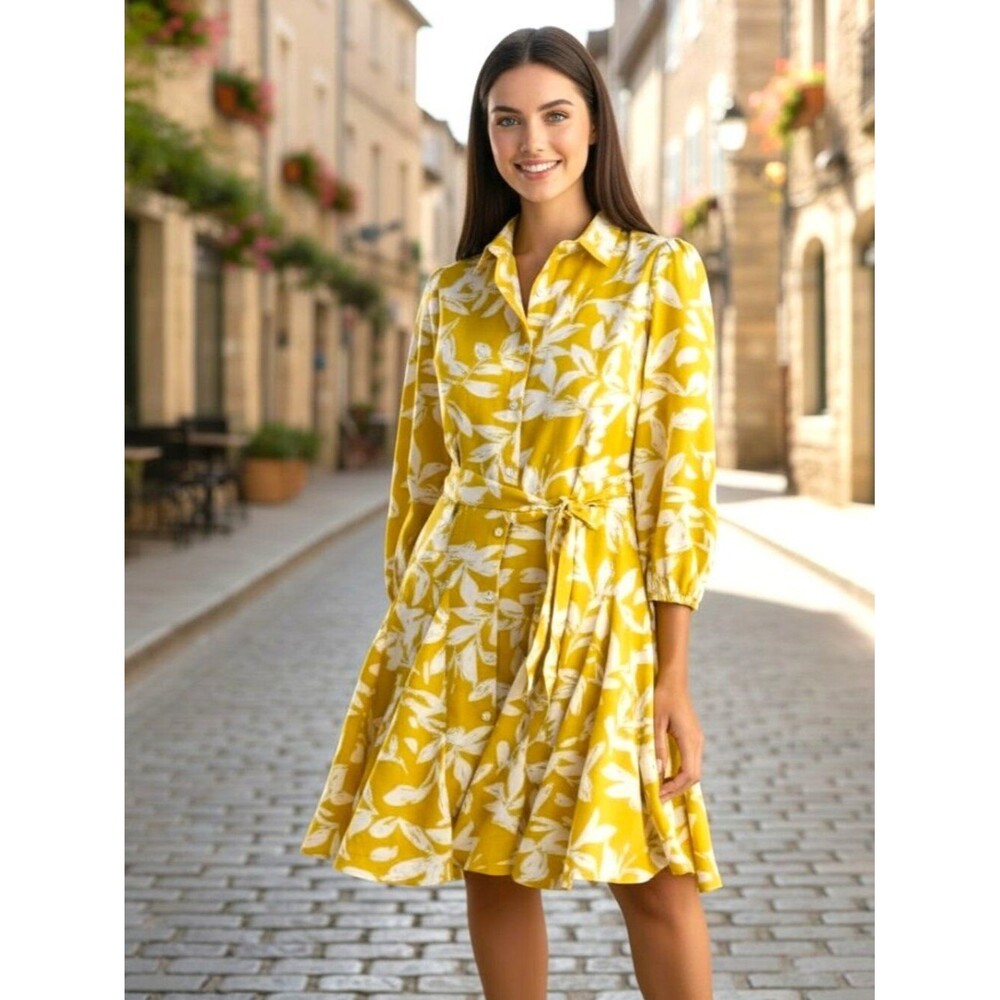 NWT Max Urban Floral Button-Front Shirt Dress in Mustard and White -Size 8 - Picture 2 of 8